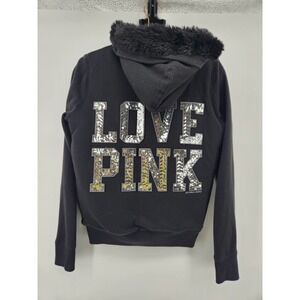 Vtg Victoria Secret Love Pink Y2K Bling Hood Fur Lined Hoodie Jacket Sz Small